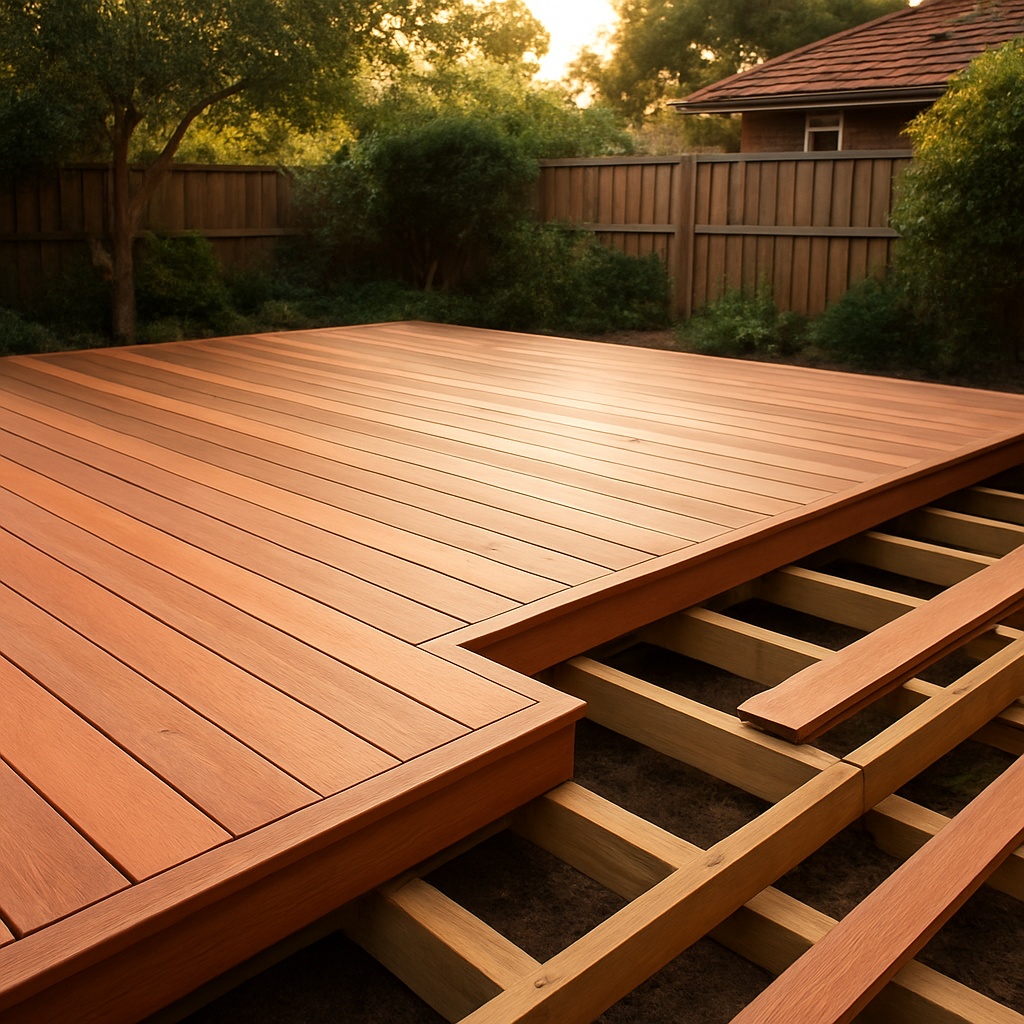 Freshly built hardwood timber deck in an Australian backyard