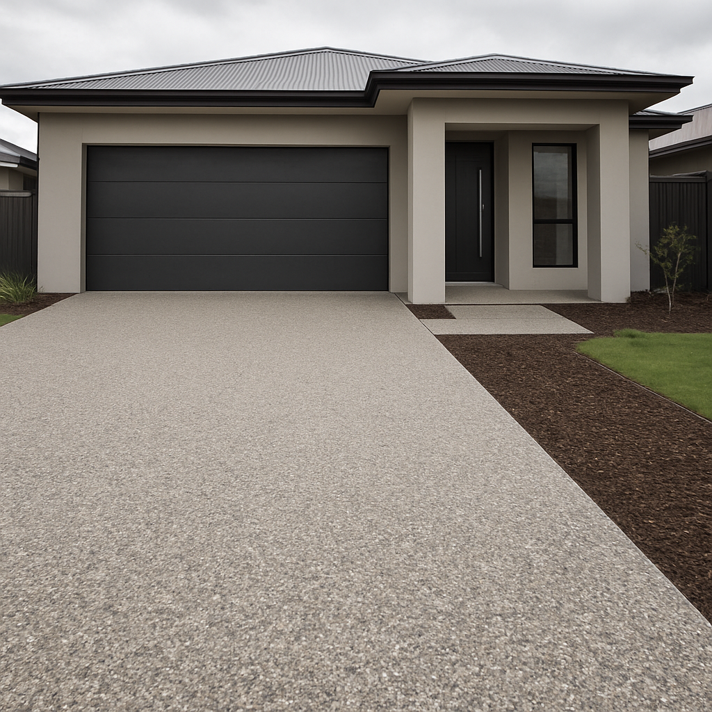 New exposed aggregate concrete driveway at a modern Australian home
