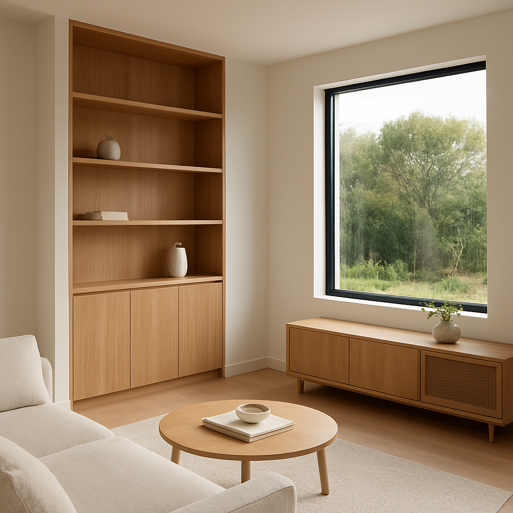 Modern interior renovation with fresh timber shelving and cabinetry